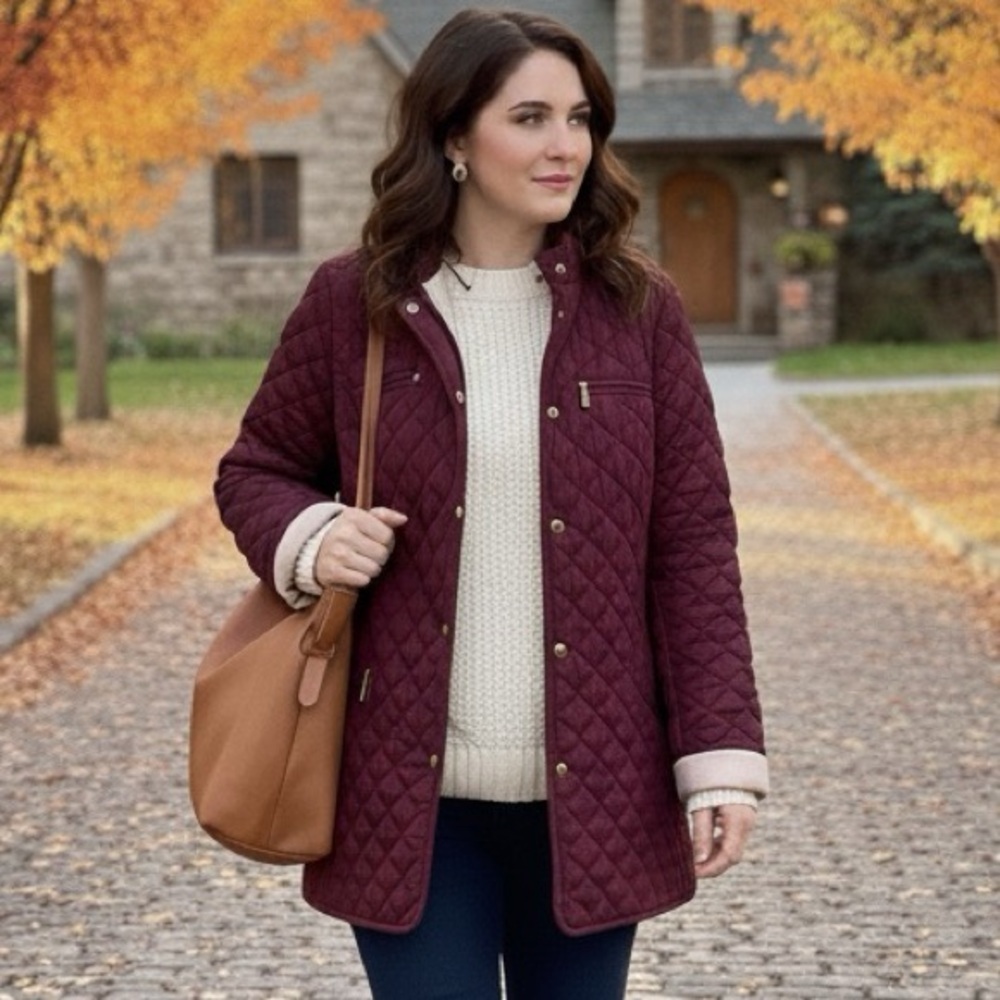 Women’s Quilted Barn Jacket Field Coat Burgundy Gold Hardware Size Large Preppy